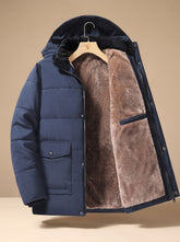 Cozy Fleece Lined Puffer Jacket for Men with Hooded Collar Long Sleeve Snap Button Zip Winter Style
