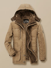 Rugged Fleece Lined Parka Jacket for Men with Hooded Collar Long Sleeve Multi-Pocket Insulated Winter Style