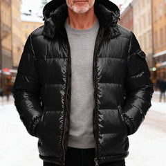 Cozy Glossy Puffer Jacket for Men with Hooded Collar Long Sleeve High-Shine Zip Winter Style