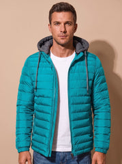 Cozy Lightweight Puffer Jacket for Men with Hooded Collar Long Sleeve Insulated Zip Winter Style