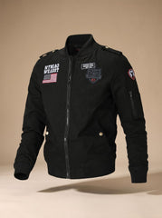 Rugged Military Bomber Jacket for Men with Stand Collar Long Sleeve Patch Zip-Up Ribbed Style