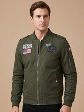 Rugged Military Bomber Jacket for Men with Stand Collar Long Sleeve Patch Zip-Up Ribbed Style