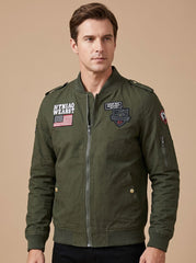 Rugged Military Bomber Jacket for Men with Stand Collar Long Sleeve Patch Zip-Up Ribbed Style