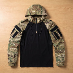 Rugged Black Military Jacket for Men with Hooded Quarter Zip Long Sleeve Tactical Anorak Style