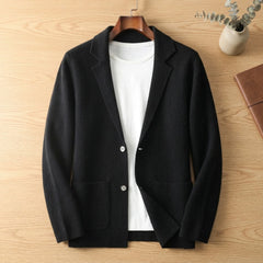 Classic Brown Cashmere Cardigan for Men with Notched Lapel Button Front Long Sleeve Sport Coat Style