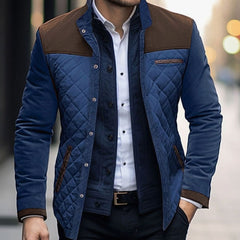 Cozy Colorblock Quilted Jacket for Men with Stand Collar Long Sleeve Snap Front Suede Trim Style