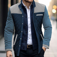 Cozy Colorblock Quilted Jacket for Men with Stand Collar Long Sleeve Snap Front Suede Trim Style