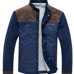 Cozy Colorblock Quilted Jacket for Men with Stand Collar Long Sleeve Snap Front Suede Trim Style