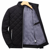 Cozy Black Diamond Quilted Bomber Jacket for Men with Stand Collar Long Sleeve Fleece Lined Full Zip Style