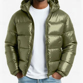 Cozy Glossy Puffer Jacket for Men with Hooded Collar Long Sleeve Coated Zip Winter Style