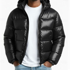 Cozy Glossy Puffer Jacket for Men with Hooded Collar Long Sleeve Coated Zip Winter Style