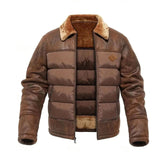 Cozy Faux Leather Puffer Jacket for Men with Shearling Collar Long Sleeve Quilted Zip Winter Style