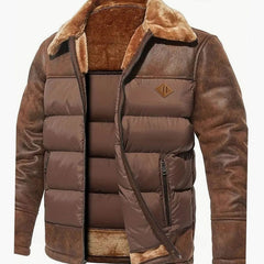 Cozy Faux Leather Puffer Jacket for Men with Shearling Collar Long Sleeve Quilted Zip Winter Style