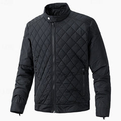 Cozy Diamond Quilted Moto Jacket for Men with Stand Collar Long Sleeve Full Zip Bomber Winter Style