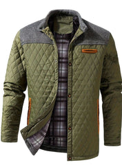 Cozy Diamond Quilted Jacket for Men with Stand Collar Long Sleeve Snap Front Insulated Winter Style