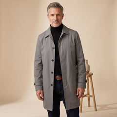 Classic Grey Trench Coat for Men with Button Front Notched Lapel Long Sleeve Longline Overcoat Style