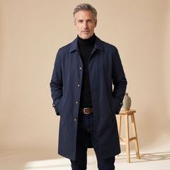 Classic Grey Trench Coat for Men with Button Front Notched Lapel Long Sleeve Longline Overcoat Style