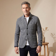 Classic Grey Knit Blazer for Men with Button Front Notched Lapel Long Sleeve Slim Fit Sport Coat Style