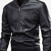 Cozy Black Faux Leather Bomber Jacket for Men with Stand Collar Long Sleeve Full Zip Slim Fit Style