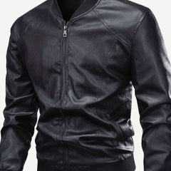 Cozy Black Faux Leather Bomber Jacket for Men with Stand Collar Long Sleeve Full Zip Slim Fit Style