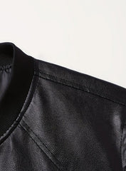 Cozy Black Faux Leather Bomber Jacket for Men with Stand Collar Long Sleeve Full Zip Slim Fit Style