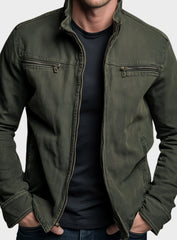 Rugged Stand Collar Bomber Jacket for Men with Full Zip Long Sleeve Zip Pocket Slim Fit Style