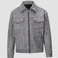 Rugged Faux Suede Trucker Jacket for Men with Point Collar Long Sleeve Zip Front Multi-Pocket Style