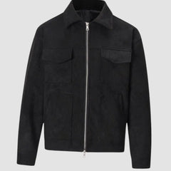 Rugged Faux Suede Trucker Jacket for Men with Point Collar Long Sleeve Zip Front Multi-Pocket Style