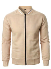 Cozy Textured Grid Bomber Jacket for Men with Stand Collar Long Sleeve Zip Front Ribbed Hem Style