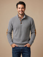 Cozy Waffle Knit Sweater for Men with Stand Collar Long Sleeve Button Placket Elbow Patch Style