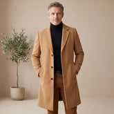 Classic Brown Wool Overcoat for Men with Notched Lapel Button Front Long Sleeve Longline Winter Style