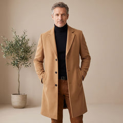 Classic Brown Wool Overcoat for Men with Notched Lapel Button Front Long Sleeve Longline Winter Style