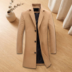 Classic Brown Wool Overcoat for Men with Notched Lapel Button Front Long Sleeve Longline Winter Style