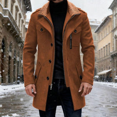 Cozy Wool Coat for Men with Stand Collar Long Sleeve Zip Button Tailored Overcoat Winter Style