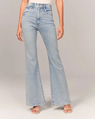 Stylish Blue High Waisted Flare Jeans for Women with Five Pocket Button Front Denim Retro Style