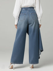 Effortless High Waisted Jeans for Women with Button Front Draped Asymmetrical Wide Leg Style