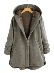 Effortless Plaid Fleece Lined Jacket for Women with Hooded Button Front Oversized Casual Style
