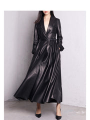 Elegant Black Faux Leather Maxi Trench Coat for Women with Notched Lapel Long Sleeve Belted Flared Style