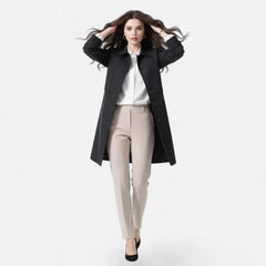 Elegant Wool Trench Coat for Women with Point Collar Long Sleeve Double Breasted Belted Style