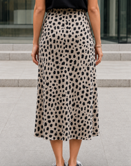 Elegant Leopard Print Satin Midi Skirt for Women with High Waist Bias Cut Flowing Style