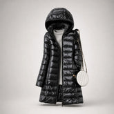 Cozy Longline Puffer Jacket for Women with Hooded Collar Long Sleeve Zip Up Lightweight Style