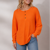 Comfortable Waffle Knit Henley Top for Women with Round Neck Long Sleeve Oversized Fall Style