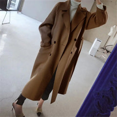 Elegant Double Breasted Long Winter Coat for Women Overcoat with Notched Lapel Long Sleeve Belted Relaxed Style