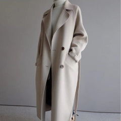 Elegant Double Breasted Long Winter Coat for Women Overcoat with Notched Lapel Long Sleeve Belted Relaxed Style