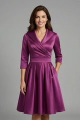Elegant Satin Autumn Wedding Guest Dress for Women with Shawl Collar Three Quarter Sleeve Wrap Front Fit and Flare Style