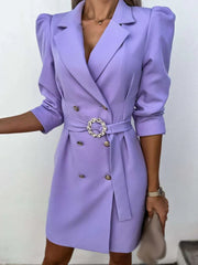 Elegant Belted Blazer Dress for Women with Notch Lapel Puff Sleeve Double Breasted Mini Style