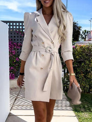 Elegant Belted Blazer Dress for Women with Notch Lapel Puff Sleeve Double Breasted Mini Style