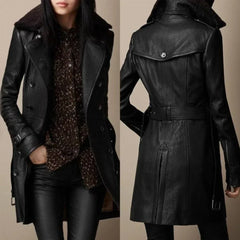 Elegant Black Leather Shearling Coat for Women with Sherpa Collar Long Sleeve Belted Style