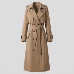 Elegant Winter Trench Coat for Women with Notched Lapel Long Sleeve Double Breasted Belted Waist Style
