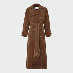Elegant Brown Suede Trench Coat for Women with Notched Lapel Long Sleeve Belted Double Breasted Style